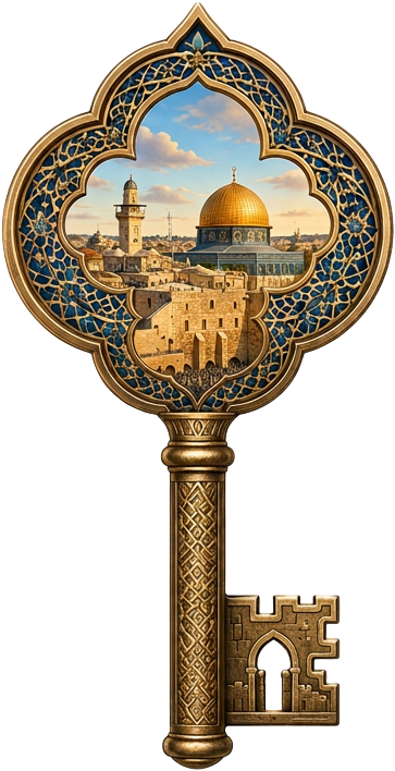 OneCityKey logo: an old key holding a small Jerusalem